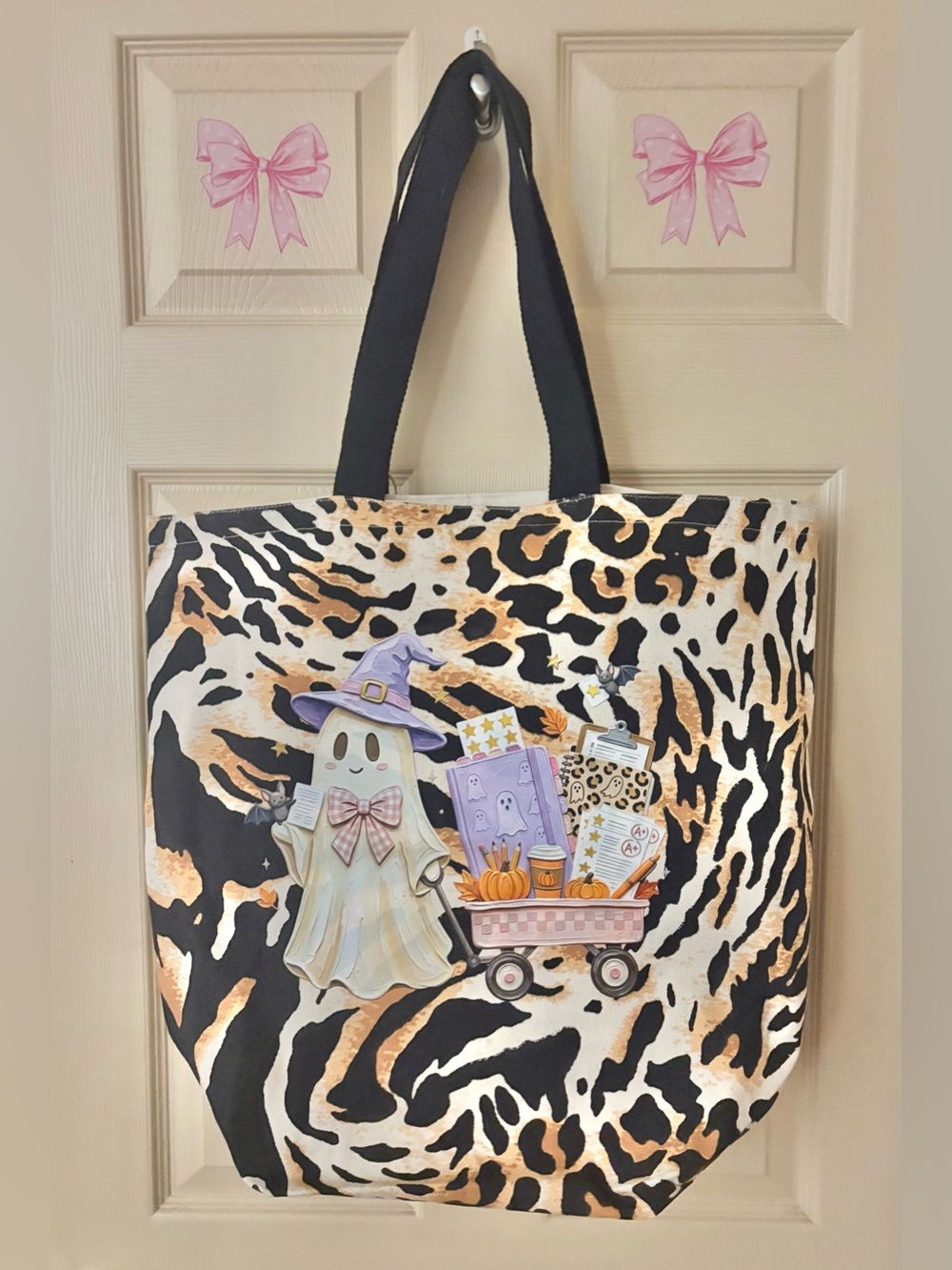Canvas Custom Reusable Tote Bag Halloween Ghost Pumpkin Cheetah Print 20x18” New